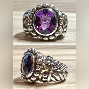 Vintage Designer Signed BJC Sterling Silver & 18K Gold Amethyst Ring, Size 6